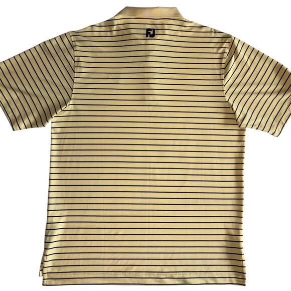 FJ Footjoy Men's Polo Shirt Medium Yellow Navy Stripe Unknown Golf Course Logo - Picture 9 of 12